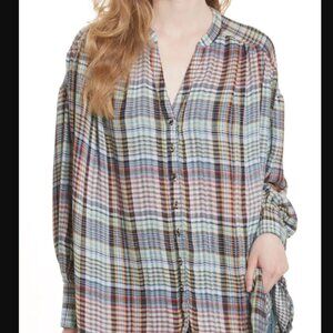 Free People Come on Over Plaid Top Gauzy Western Boho Button-Up Fringe Sz L
